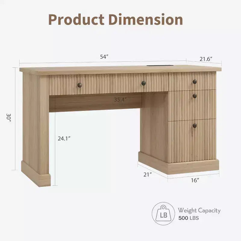 GustoWave Fluted Home Office Desk Storage, 54 Modern Executive Desk, Wooden Computer Writing Desk with File Cabinet & Drawers