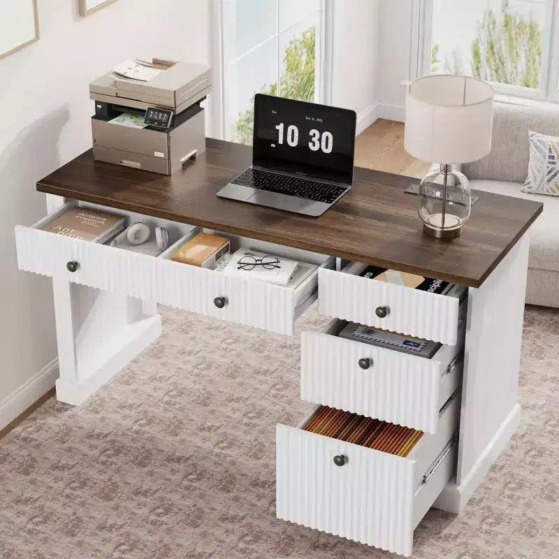 GustoWave Fluted Home Office Desk Storage, 54 Modern Executive Desk, Wooden Computer Writing Desk with File Cabinet & Drawers