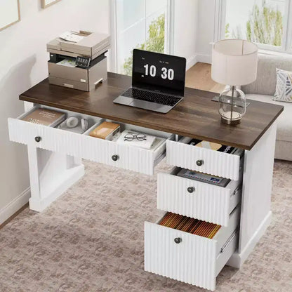 GustoWave Fluted Home Office Desk Storage, 54 Modern Executive Desk, Wooden Computer Writing Desk with File Cabinet & Drawers