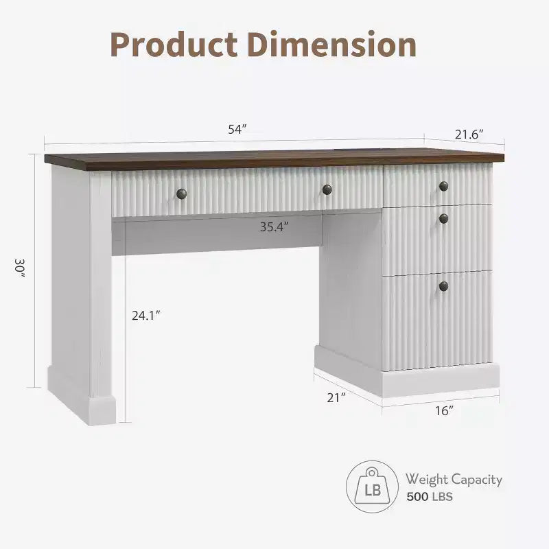 GustoWave Fluted Home Office Desk Storage, 54 Modern Executive Desk, Wooden Computer Writing Desk with File Cabinet & Drawers