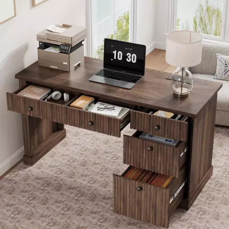 GustoWave Fluted Home Office Desk Storage, 54 Modern Executive Desk, Wooden Computer Writing Desk with File Cabinet & Drawers