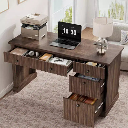 GustoWave Fluted Home Office Desk Storage, 54 Modern Executive Desk, Wooden Computer Writing Desk with File Cabinet & Drawers