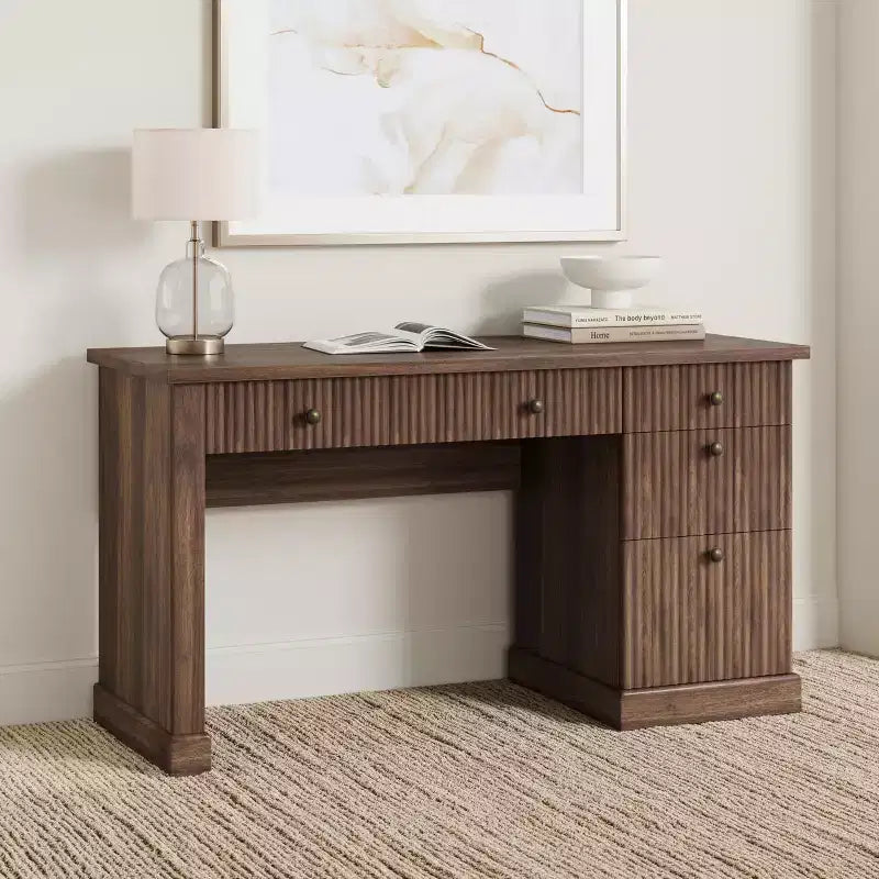 GustoWave Fluted Home Office Desk Storage, 54 Modern Executive Desk, Wooden Computer Writing Desk with File Cabinet & Drawers