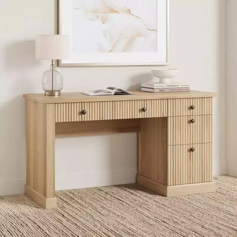 GustoWave Fluted Home Office Desk Storage, 54 Modern Executive Desk, Wooden Computer Writing Desk with File Cabinet & Drawers
