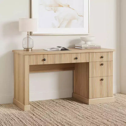 GustoWave Fluted Home Office Desk Storage, 54 Modern Executive Desk, Wooden Computer Writing Desk with File Cabinet & Drawers