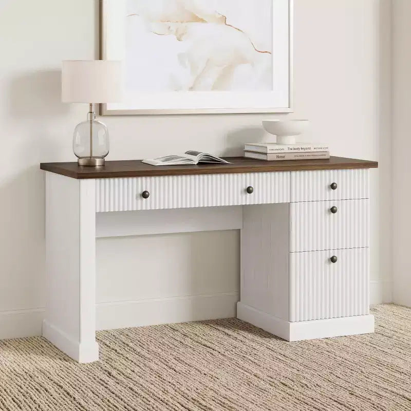 GustoWave Fluted Home Office Desk Storage, 54 Modern Executive Desk, Wooden Computer Writing Desk with File Cabinet & Drawers