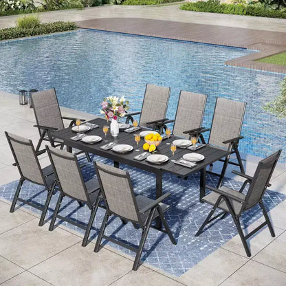 Captiva Designs 9pc Patio Dining Black Expandable Steel Rectangle Table & Foldable Padded Sling Chairs