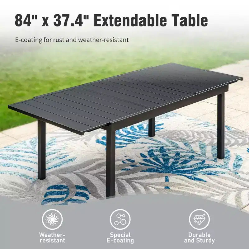 Captiva Designs Ensemble de salle à manger d'extérieur 9 pièces avec table rectangulaire extensible en acier noir et chaises pliantes rembourrées en textilène