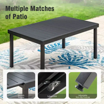 Captiva Designs Ensemble de salle à manger d'extérieur 9 pièces avec table rectangulaire extensible en acier noir et chaises pliantes rembourrées en textilène