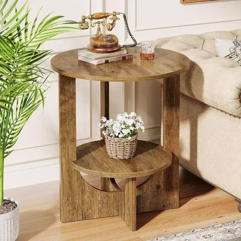 Lantine 2-Tier Round End Table with Storage, for Living Room, Bedroom & Small Spaces, Modern Narrow Nightstand, Easy Assembly, Brown