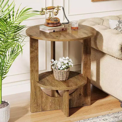Lantine 2-Tier Round End Table with Storage, for Living Room, Bedroom & Small Spaces, Modern Narrow Nightstand, Easy Assembly, Brown