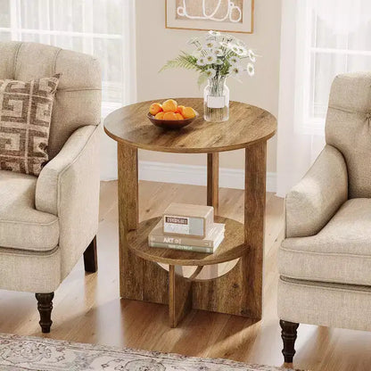 Lantine 2-Tier Round End Table with Storage, for Living Room, Bedroom & Small Spaces, Modern Narrow Nightstand, Easy Assembly, Brown