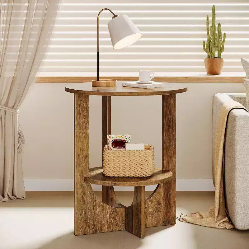 Lantine 2-Tier Round End Table with Storage, for Living Room, Bedroom & Small Spaces, Modern Narrow Nightstand, Easy Assembly, Brown