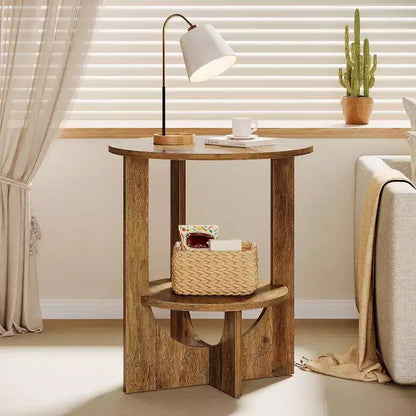 Lantine 2-Tier Round End Table with Storage, for Living Room, Bedroom & Small Spaces, Modern Narrow Nightstand, Easy Assembly, Brown