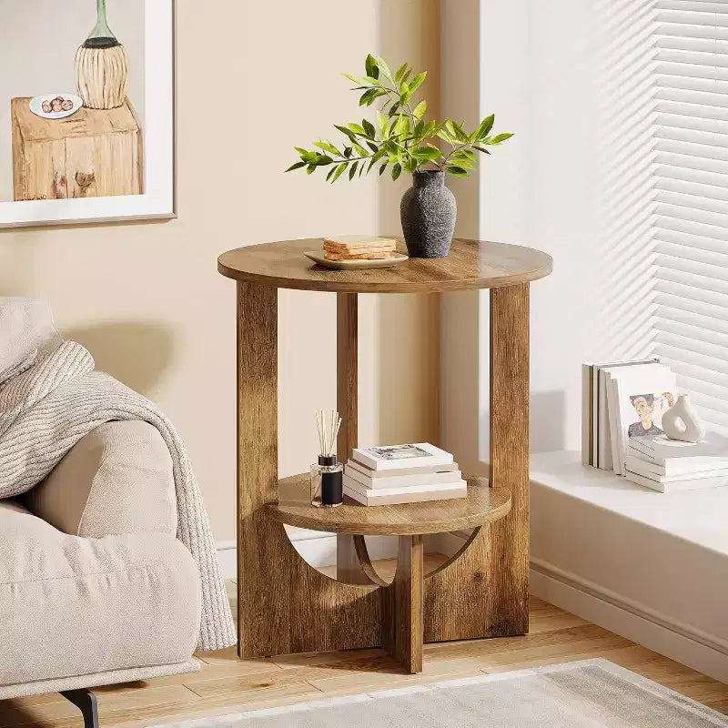 Lantine 2-Tier Round End Table with Storage, for Living Room, Bedroom & Small Spaces, Modern Narrow Nightstand, Easy Assembly, Brown