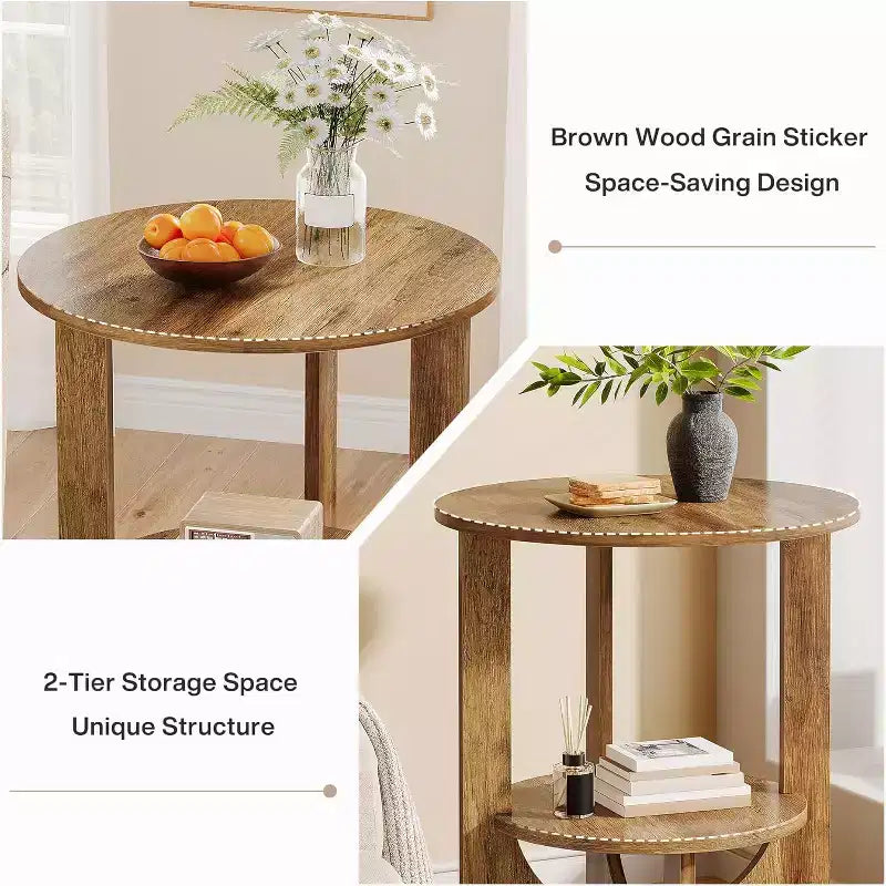 Lantine 2-Tier Round End Table with Storage, for Living Room, Bedroom & Small Spaces, Modern Narrow Nightstand, Easy Assembly, Brown
