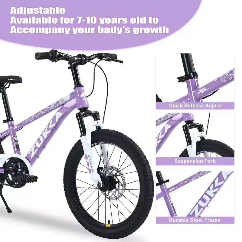 NAYSAYE Vélo VTT Cadre en acier durable avec fourche à suspension pour enfants, Violet, 54.33*22.44*32.48