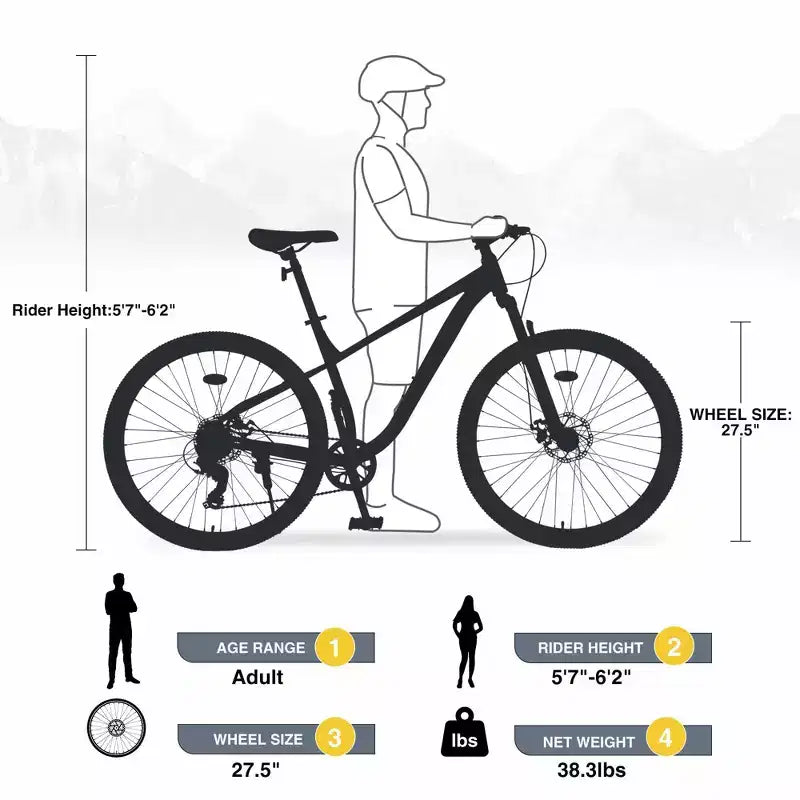 NAYSAYE 27.5 Inch 8 Speed MTB Mountain Bike with Front Suspension Durable Steel Frame for Men Women Terrain Adventures, Grey, 68.5*27.1*40.55