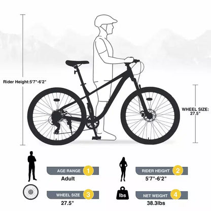 NAYSAYE 27.5 Inch 8 Speed MTB Mountain Bike with Front Suspension Durable Steel Frame for Men Women Terrain Adventures, Grey, 68.5*27.1*40.55