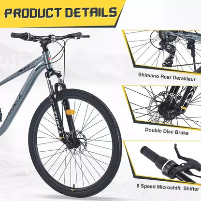 NAYSAYE 27.5 Inch 8 Speed MTB Mountain Bike with Front Suspension Durable Steel Frame for Men Women Terrain Adventures, Grey, 68.5*27.1*40.55