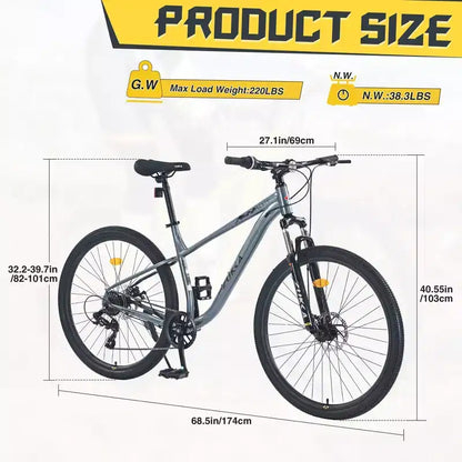 NAYSAYE 27.5 Inch 8 Speed MTB Mountain Bike with Front Suspension Durable Steel Frame for Men Women Terrain Adventures, Grey, 68.5*27.1*40.55