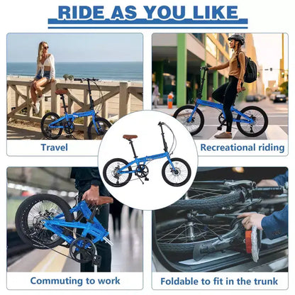 Vélo pliant de ville NAYSAYE 20 pouces, cadre léger en aluminium 7 vitesses pour les trajets quotidiens et les voyages, bleu, 57.09*24.8*39.37