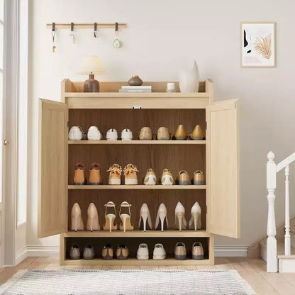 COZONY 5-Tier Rattan Shoe Cabinet Storage Organizer with 2 Doors Adjustable Wooden Entryway Hallway Closet Living Room Natural