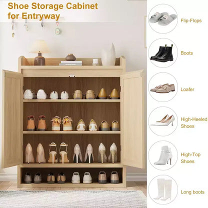 COZONY 5-Tier Rattan Shoe Cabinet Storage Organizer with 2 Doors Adjustable Wooden Entryway Hallway Closet Living Room Natural