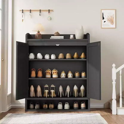 COZONY 5-Tier Rattan Shoe Cabinet Storage Organizer with 2 Doors Adjustable Wooden Entryway Hallway Closet Living Room Natural