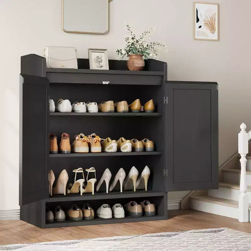 COZONY 5-Tier Rattan Shoe Cabinet Storage Organizer with 2 Doors Adjustable Wooden Entryway Hallway Closet Living Room Natural