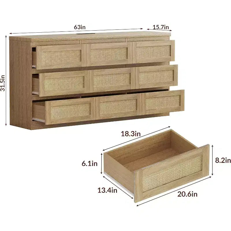 Commode à 9 tiroirs pour chambre à coucher, commodes de 160 cm de long et commode en rotin, style bohème, commode moderne pour salon, entrée, chambre à coucher