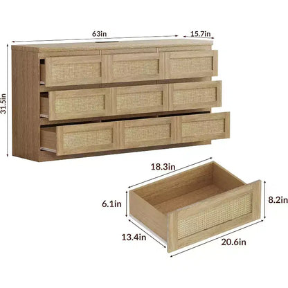 Commode à 9 tiroirs pour chambre à coucher, commodes de 160 cm de long et commode en rotin, style bohème, commode moderne pour salon, entrée, chambre à coucher