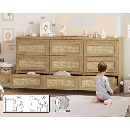 Commode à 9 tiroirs pour chambre à coucher, commodes de 160 cm de long et commode en rotin, style bohème, commode moderne pour salon, entrée, chambre à coucher