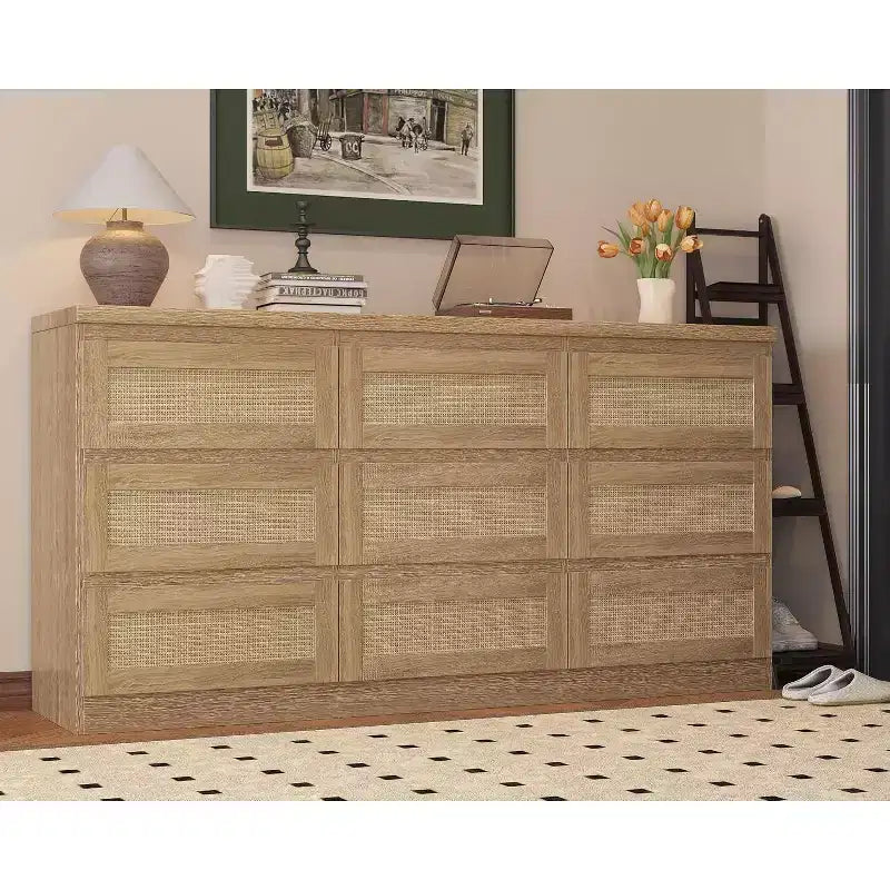 Commode à 9 tiroirs pour chambre à coucher, commodes de 160 cm de long et commode en rotin, style bohème, commode moderne pour salon, entrée, chambre à coucher