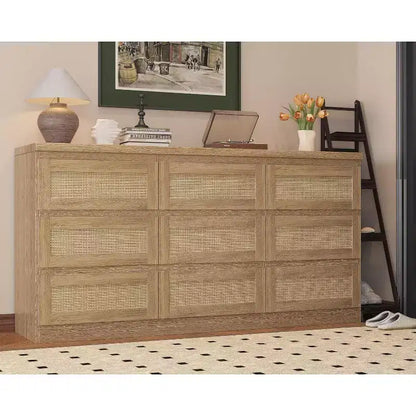 Commode à 9 tiroirs pour chambre à coucher, commodes de 160 cm de long et commode en rotin, style bohème, commode moderne pour salon, entrée, chambre à coucher