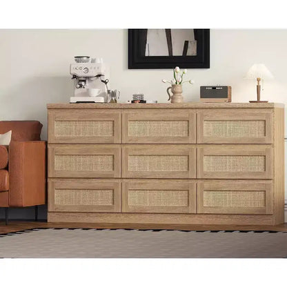 Commode à 9 tiroirs pour chambre à coucher, commodes de 160 cm de long et commode en rotin, style bohème, commode moderne pour salon, entrée, chambre à coucher