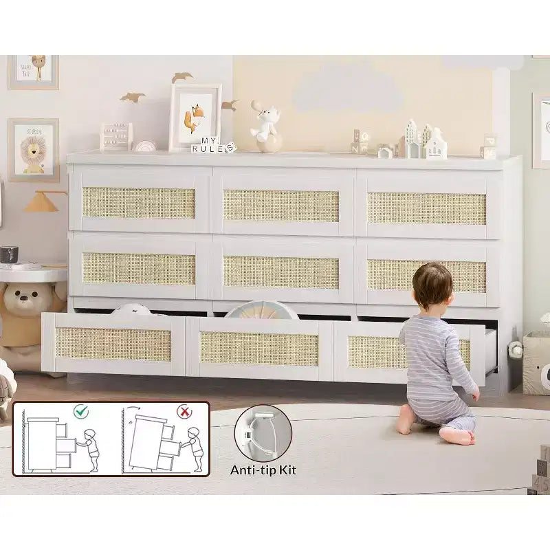 Commode à 9 tiroirs pour chambre à coucher, commodes de 160 cm de long et commode en rotin, style bohème, commode moderne pour salon, entrée, chambre à coucher