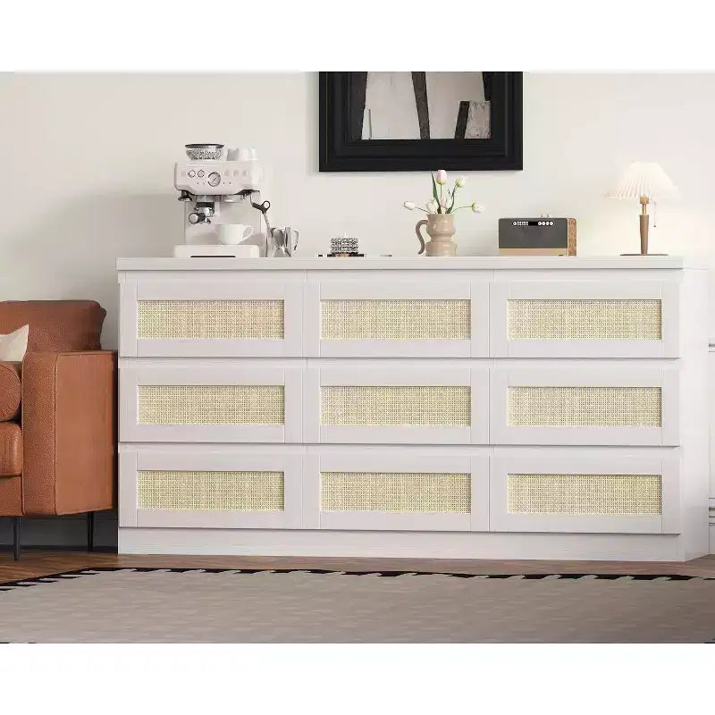 Commode à 9 tiroirs pour chambre à coucher, commodes de 160 cm de long et commode en rotin, style bohème, commode moderne pour salon, entrée, chambre à coucher
