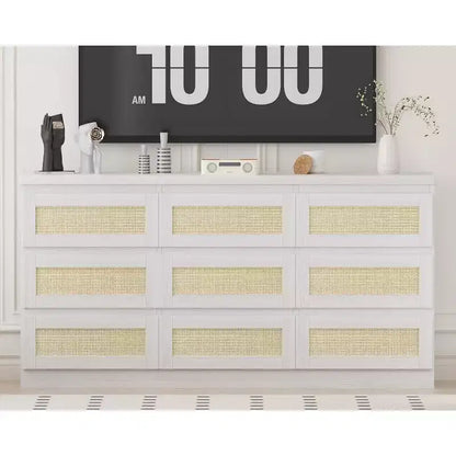Commode à 9 tiroirs pour chambre à coucher, commodes de 160 cm de long et commode en rotin, style bohème, commode moderne pour salon, entrée, chambre à coucher