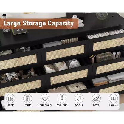Commode à 9 tiroirs pour chambre à coucher, commodes de 160 cm de long et commode en rotin, style bohème, commode moderne pour salon, entrée, chambre à coucher