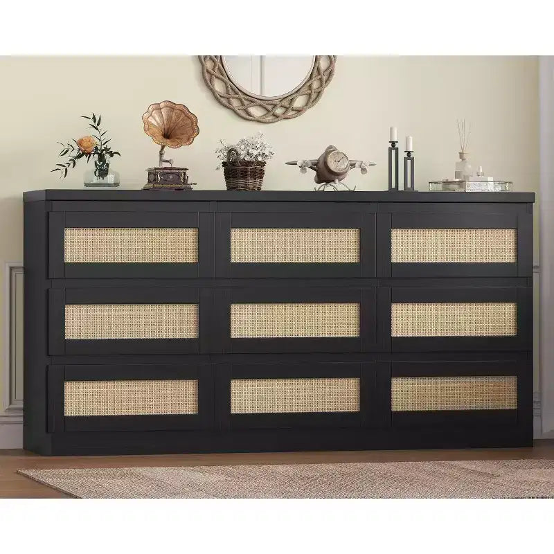 9 Drawer Dresser for Bedroom,63 Inch Long Dressers & Rattan Chest of Drawers,Boho Style,Modern Dresser for,Living Room,Entryway,Bedroom
