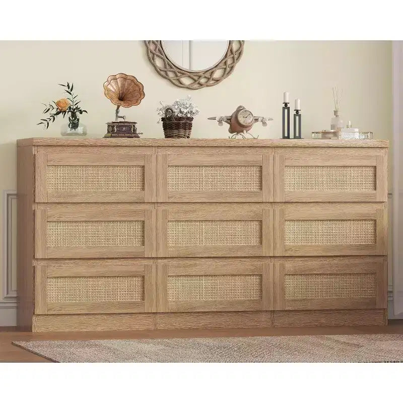 Commode à 9 tiroirs pour chambre à coucher, commodes de 160 cm de long et commode en rotin, style bohème, commode moderne pour salon, entrée, chambre à coucher