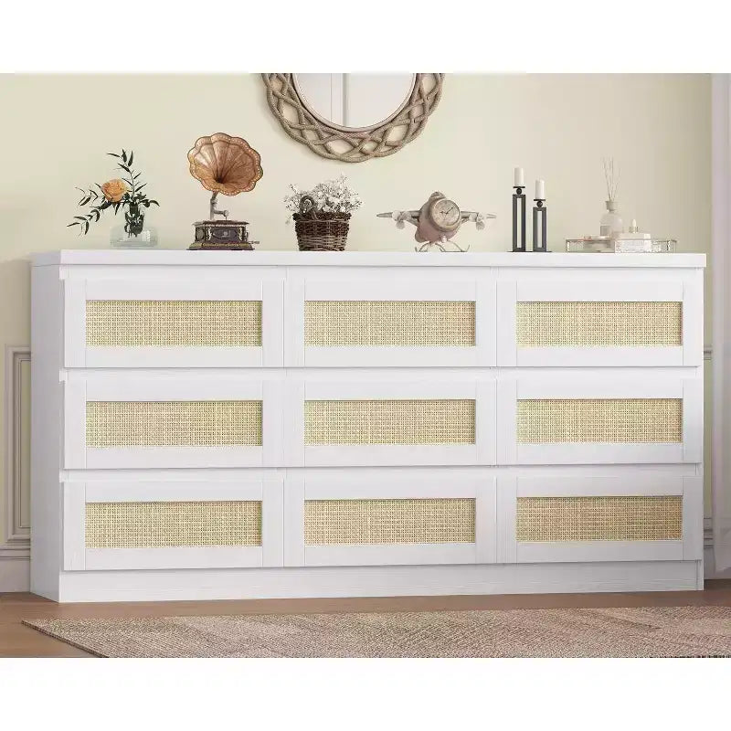 Commode à 9 tiroirs pour chambre à coucher, commodes de 160 cm de long et commode en rotin, style bohème, commode moderne pour salon, entrée, chambre à coucher