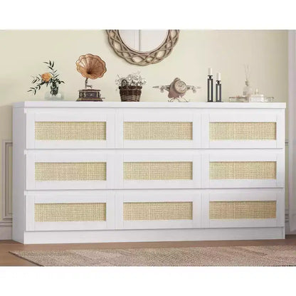 Commode à 9 tiroirs pour chambre à coucher, commodes de 160 cm de long et commode en rotin, style bohème, commode moderne pour salon, entrée, chambre à coucher