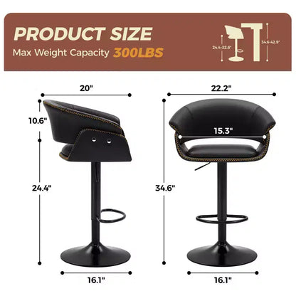 KERDOM Lot de 4 tabourets de bar, chaises de bar pivotantes modernes réglables, hauteur réglable rembourrée en similicuir pour salon, noir
