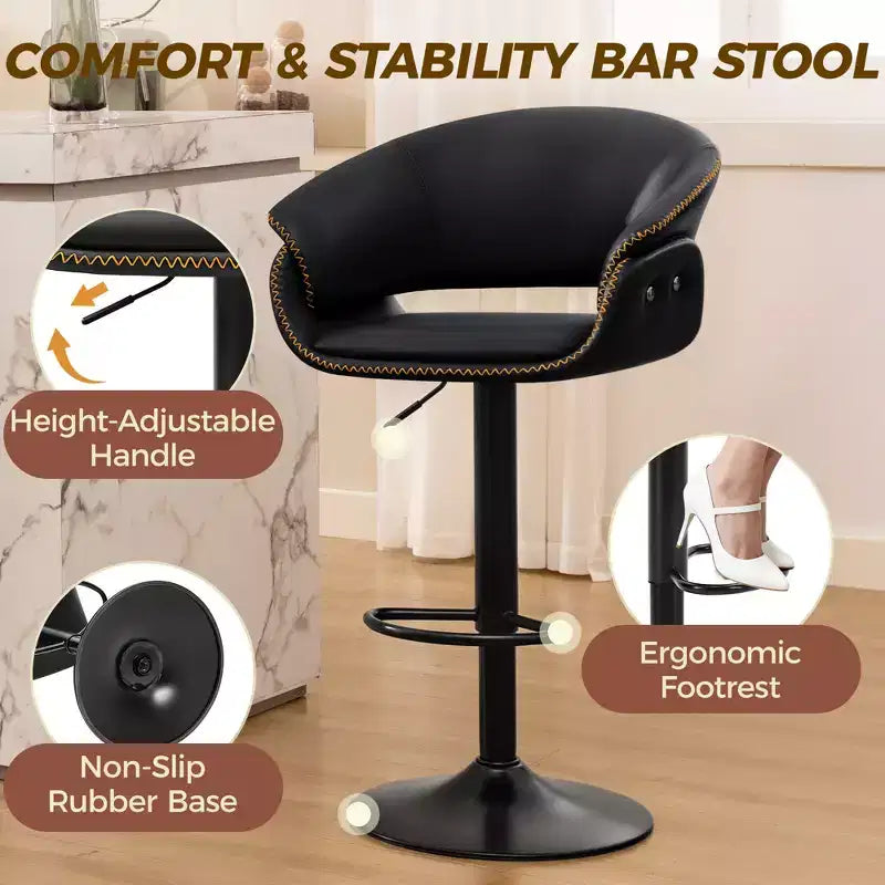 KERDOM Lot de 4 tabourets de bar, chaises de bar pivotantes modernes réglables, hauteur réglable rembourrée en similicuir pour salon, noir