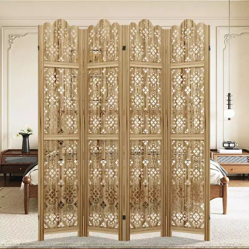 MAYEERTY 63*67 in Wood Room Divider Folding Privacy Screen Freestanding Partition for Indoor, 4-Panels, Brown