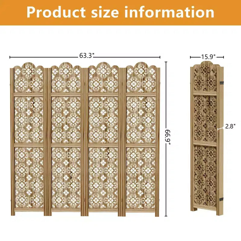 MAYEERTY 63*67 in Wood Room Divider Folding Privacy Screen Freestanding Partition for Indoor, 4-Panels, Brown