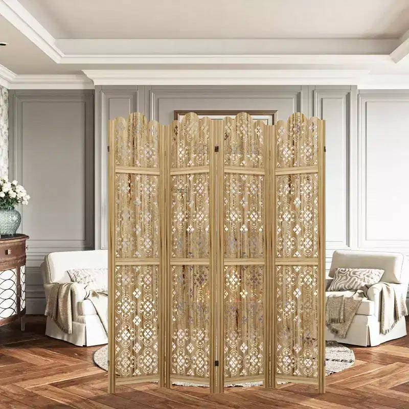 MAYEERTY 63*67 in Wood Room Divider Folding Privacy Screen Freestanding Partition for Indoor, 4-Panels, Brown