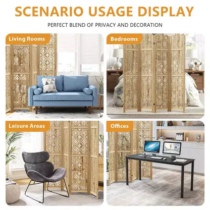 MAYEERTY 63*67 in Wood Room Divider Folding Privacy Screen Freestanding Partition for Indoor, 4-Panels, Brown